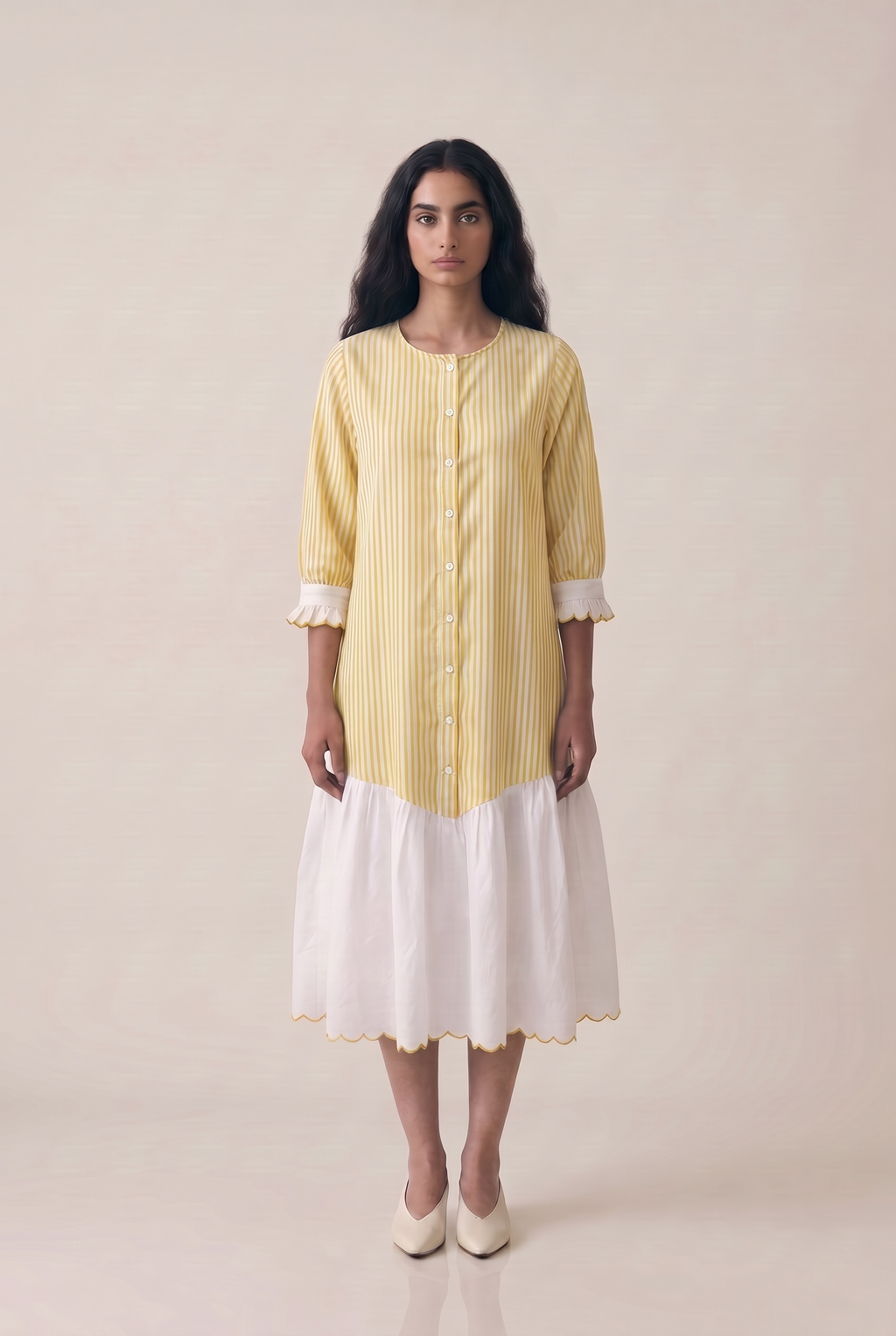 Yellow Striped Embroidered Dress