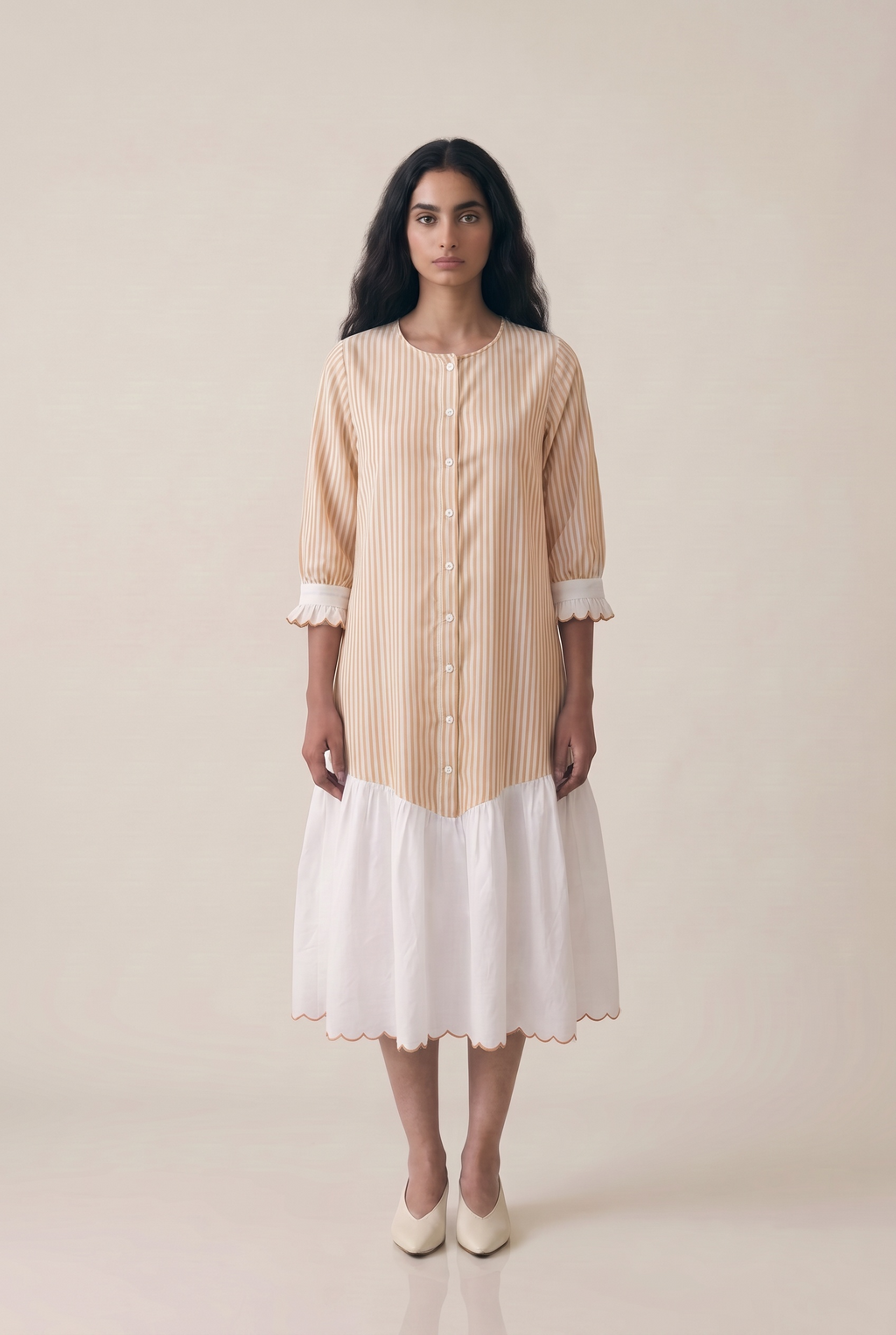 Peach Striped Embroidered Dress