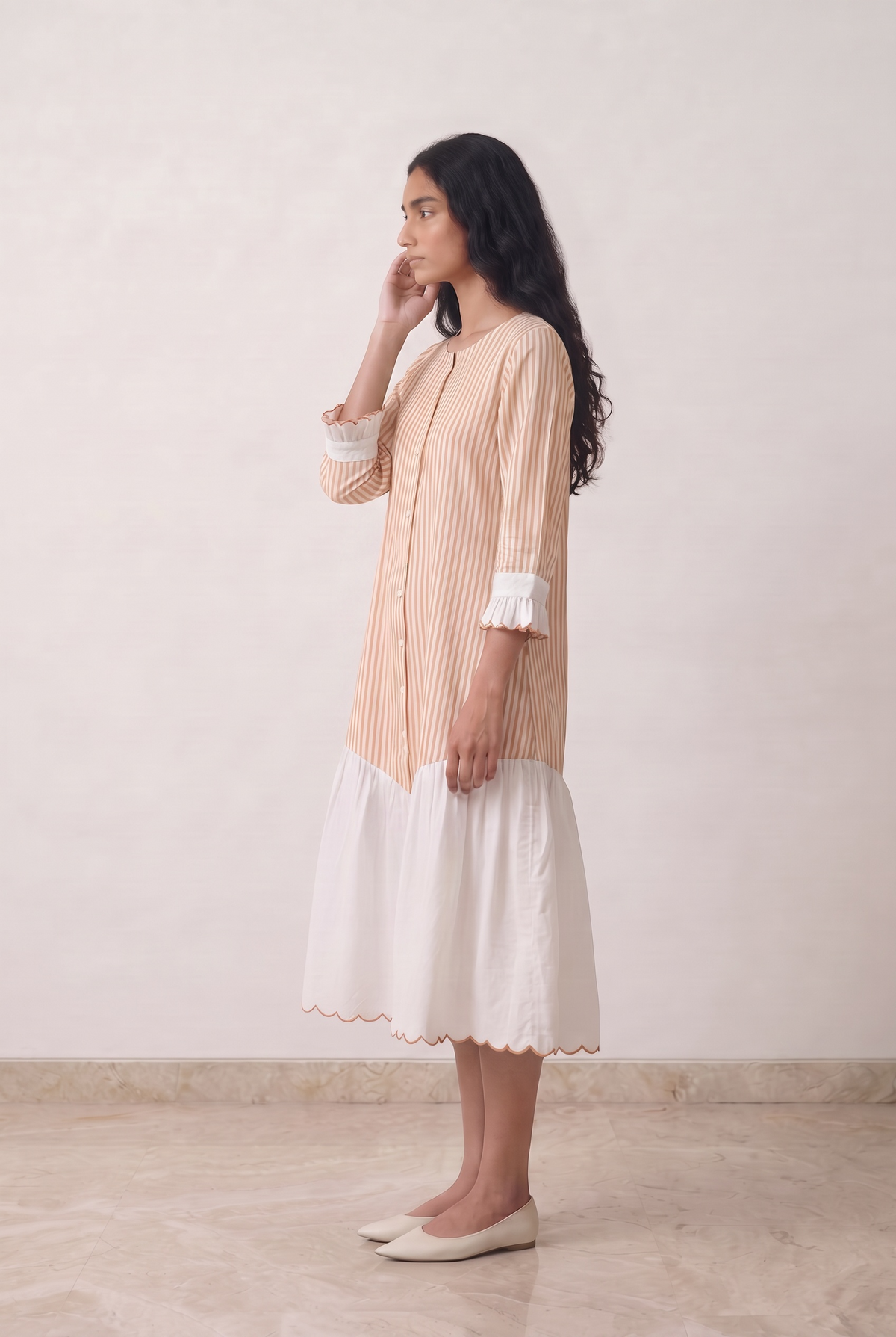 Peach Striped Embroidered Dress