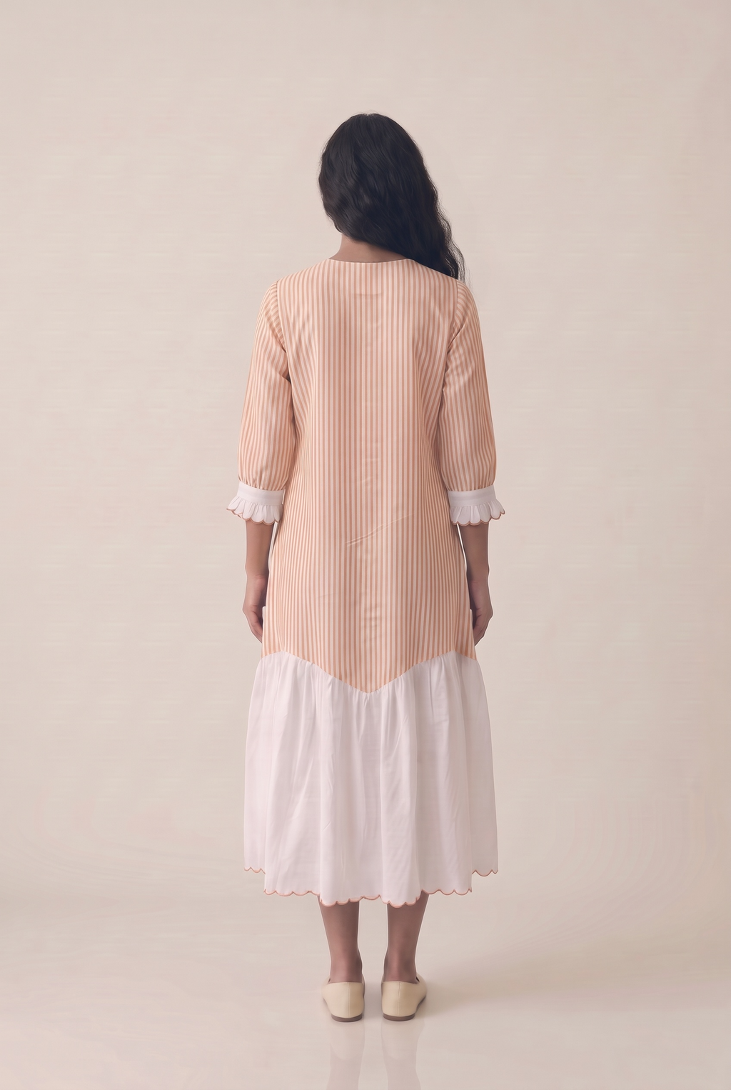 Peach Striped Embroidered Dress