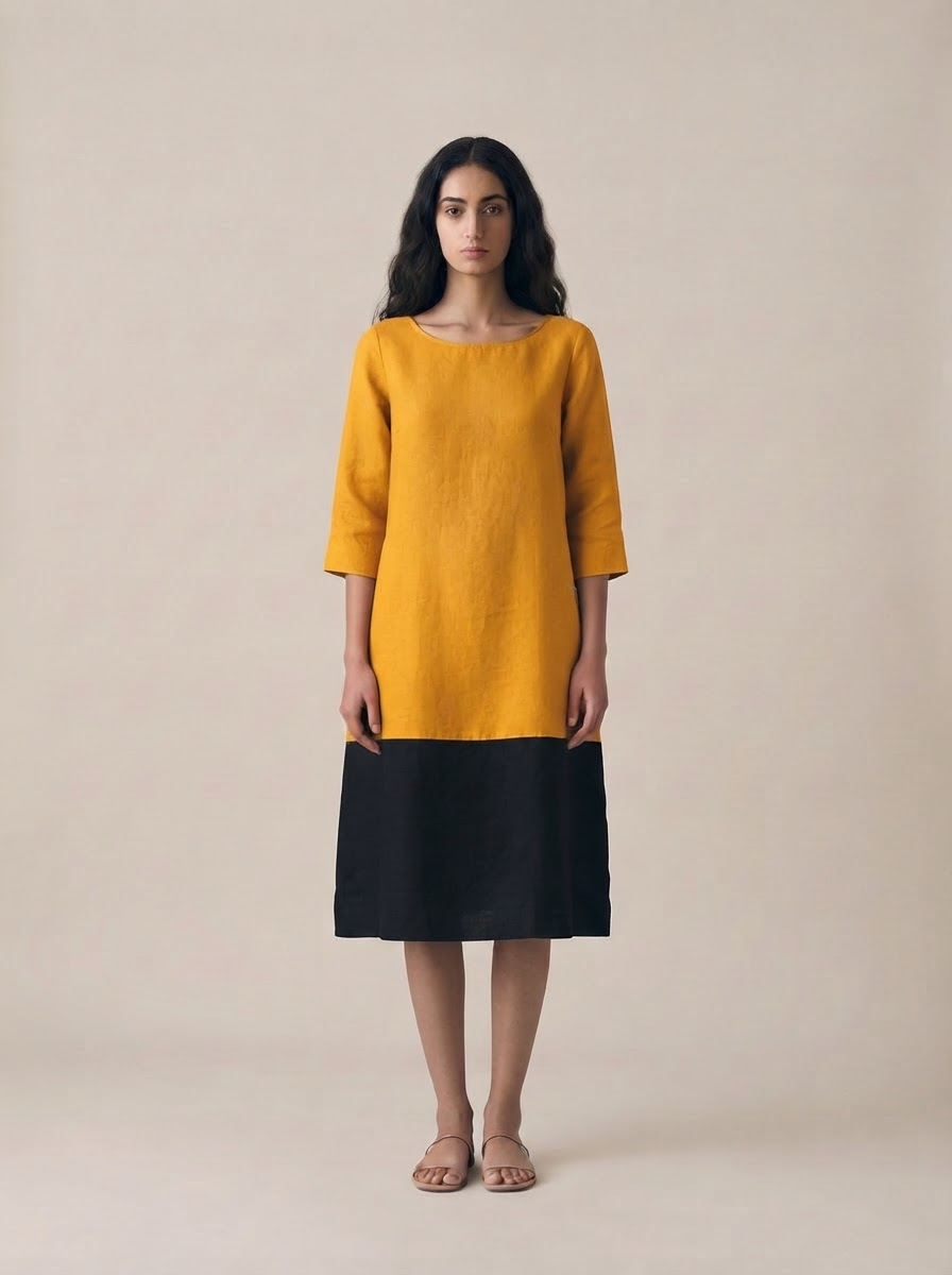 Mustard Black Color Block Dress