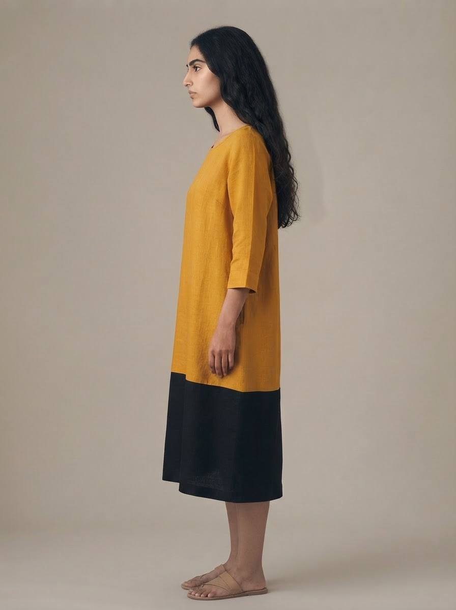 Mustard Black Color Block Dress