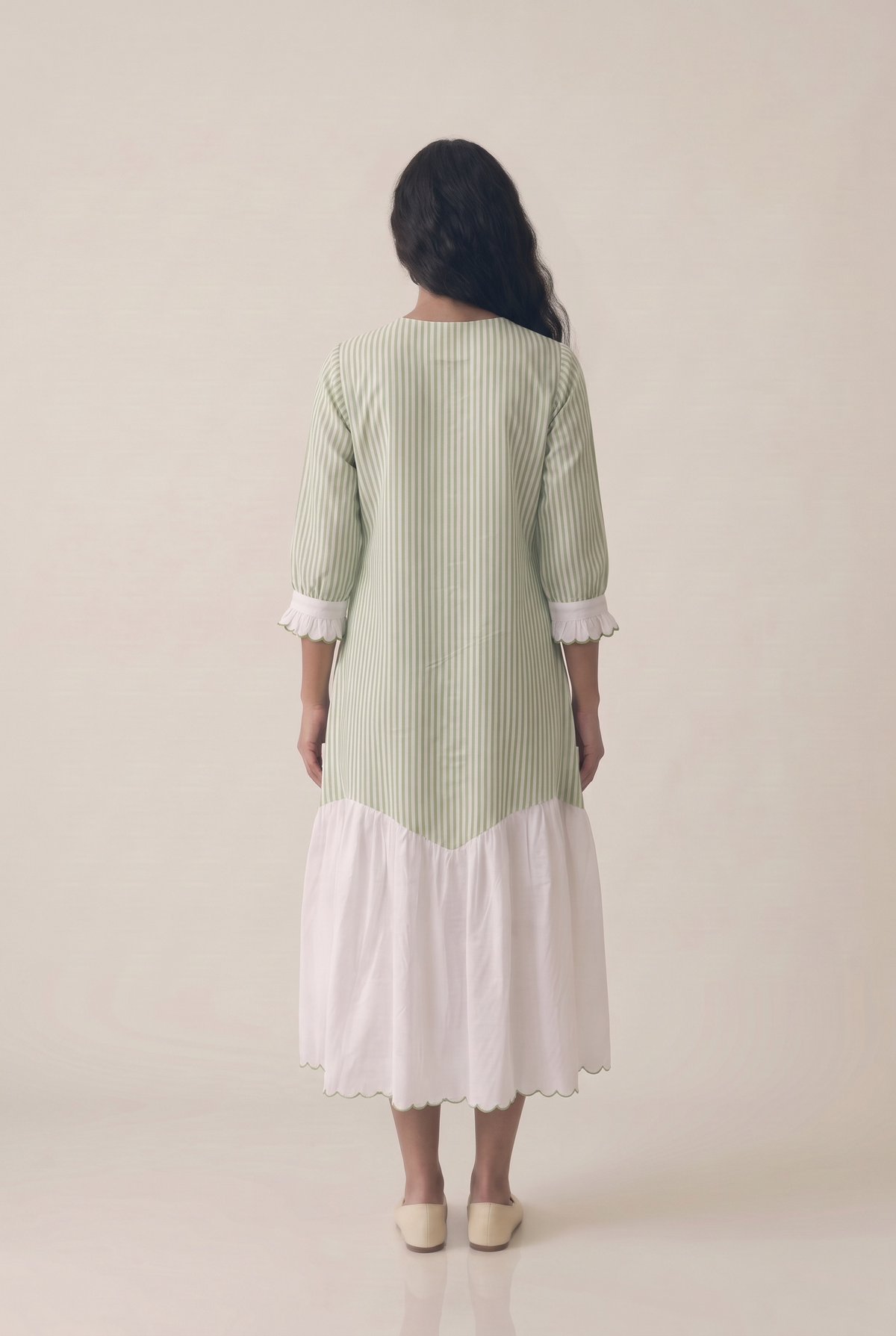 Green Striped Embroidered Dress