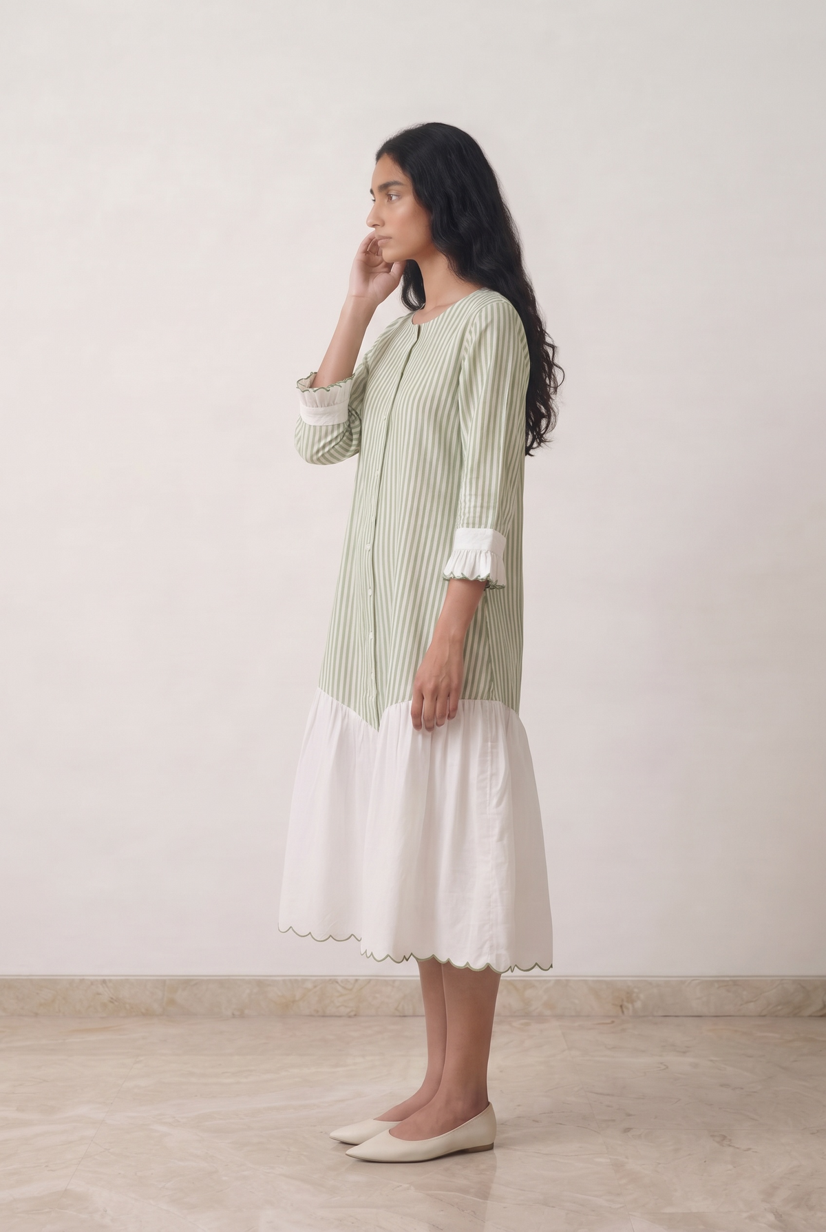 Green Striped Embroidered Dress