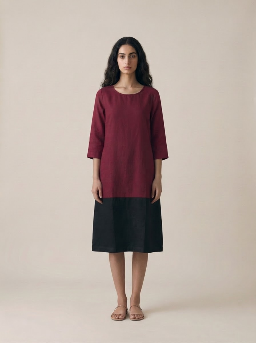 Burgundy Black Color Block Dress